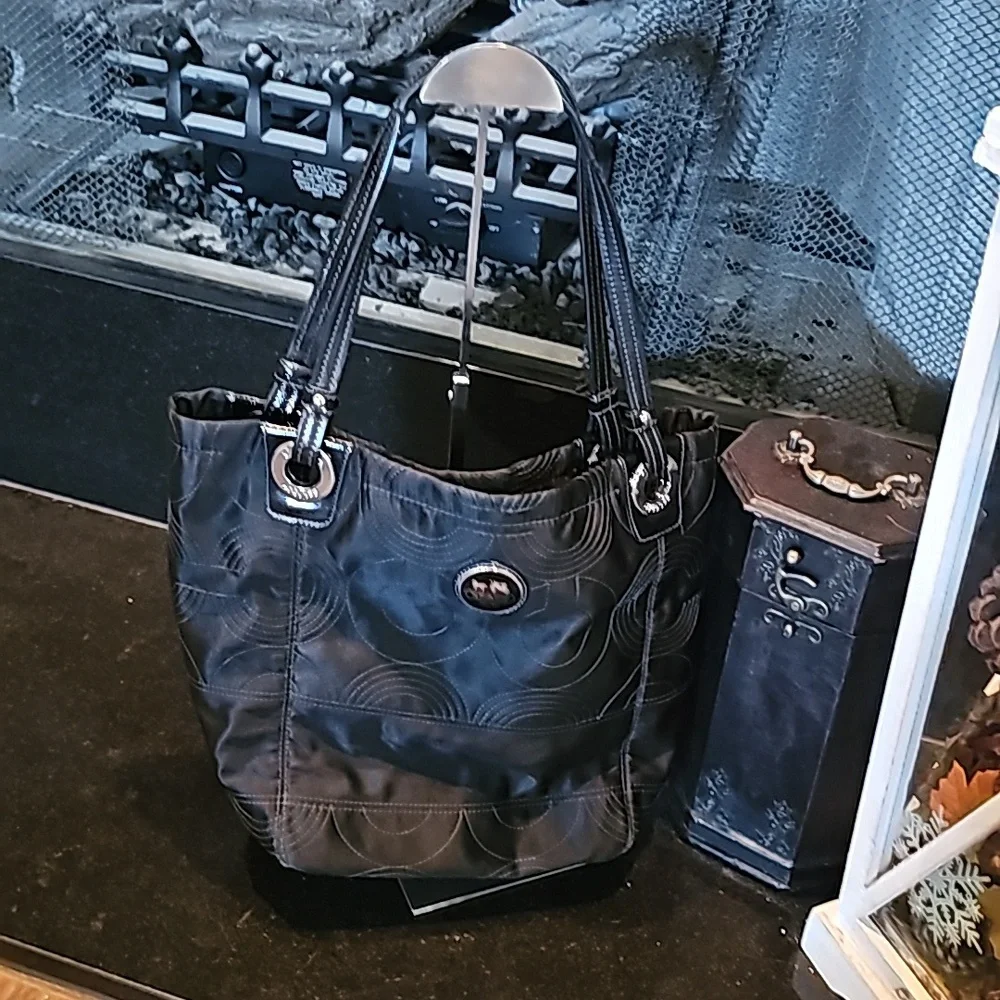 COACH BLACK Alex Stitched Large Handle Tote Shoulder Purse